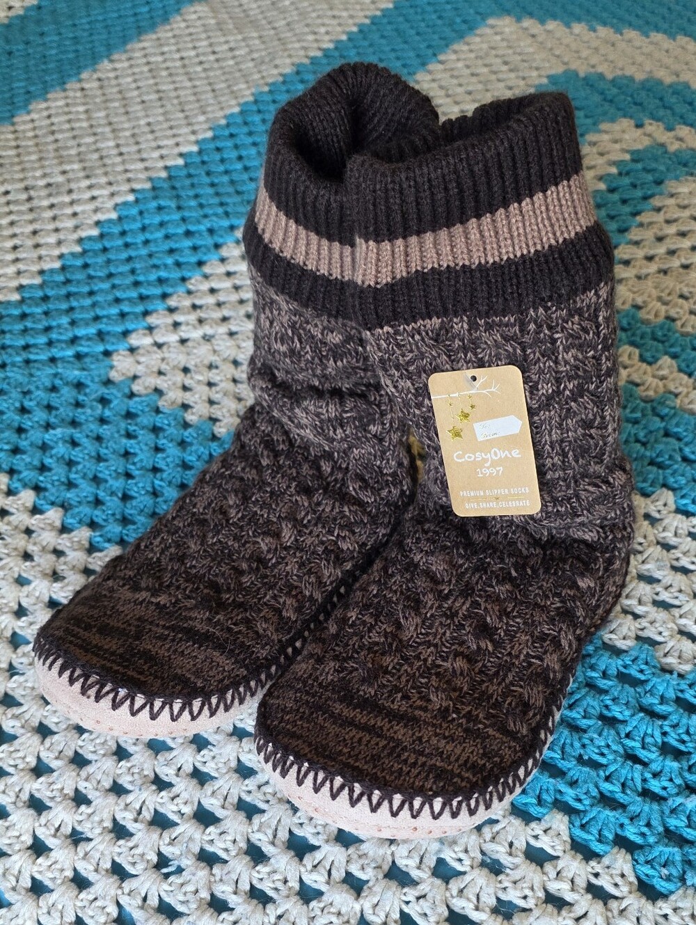 NWT CosyOne Knit Slipper Socks in Brown and Tan With Grippy Bottom